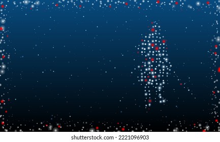On the right is the samurai symbol filled with white dots. Pointillism style. Abstract futuristic frame of dots and circles. Some dots is red. Vector illustration on blue background with stars