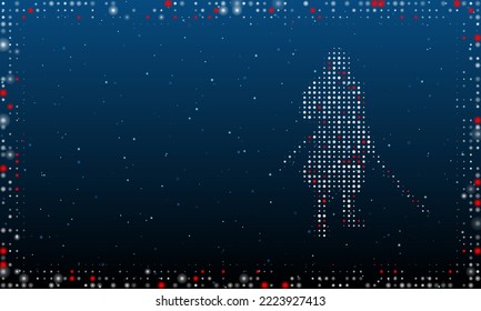On the right is the samurai symbol filled with white dots. Pointillism style. Abstract futuristic frame of dots and circles. Some dots is red. Vector illustration on blue background with stars