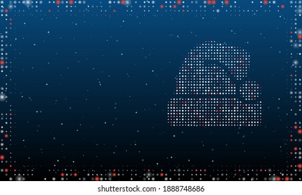 On the right is the santa claus hat symbol filled with white dots. Pointillism style. Abstract futuristic frame of dots and circles. Some dots is red. Vector illustration on blue background with stars