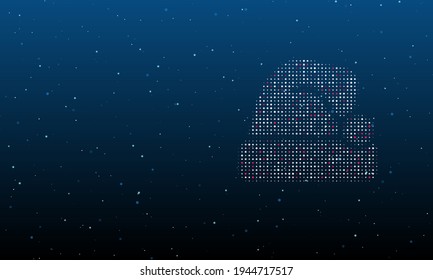 Auf der rechten Seite befindet sich das Santa-Claus-Hut-Symbol mit weißen Punkten. Hintergrundmuster aus Punkten und Kreisen verschiedener Farben. Vektorgrafik auf blauem Hintergrund mit Sternen