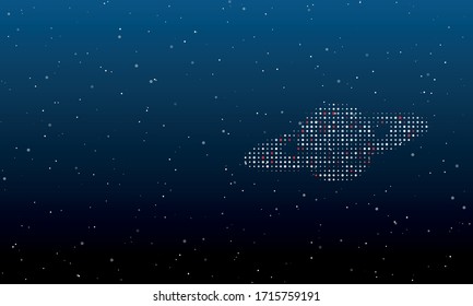 On the right is the saturn symbol filled with white dots. Background pattern from white dots and circles of different shades. Some dots is red. Vector illustration on blue background with stars