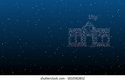 On the right is the school building symbol filled with white dots. Background pattern from dots and circles of different shades. Some dots is pink. Vector illustration on blue background with stars