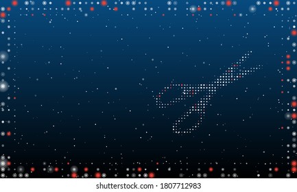On the right is the scissors symbol filled with white dots. Abstract futuristic frame of dots and circles. Some dots is red. Vector illustration on blue background with stars