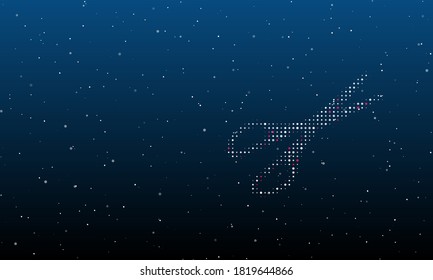 On the right is the scissors symbol filled with white dots. Background pattern from dots and circles of different shades. Some dots is pink. Vector illustration on blue background with stars