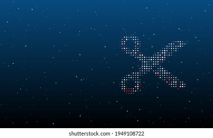 On the right is the scissors symbol filled with white dots. Background pattern from dots and circles of different shades. Vector illustration on blue background with stars