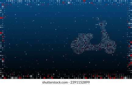 On the right is the scooter symbol filled with white dots. Pointillism style. Abstract futuristic frame of dots and circles. Some dots is red. Vector illustration on blue background with stars