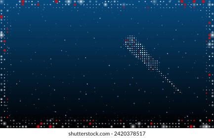 On the right is the a screwdriver symbol filled with white dots. Pointillism style. Abstract futuristic frame of dots and circles. Some dots is red. Vector illustration on blue background with stars
