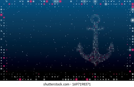 Sur la droite se trouve le symbole de l'ancre marine remplie de points blancs. Cadre futuriste abstrait composé de points et de cercles blancs. Certains points sont roses. Illustration vectorielle sur fond bleu avec étoiles