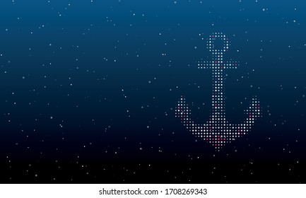 On the right is the sea anchor symbol filled with white dots. Background pattern from white dots and circles of different shades. Some dots is pink. Vector illustration on blue background with stars