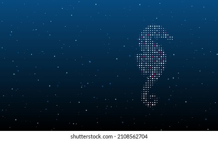 On the right is the sea horse symbol filled with white dots. Background pattern from dots and circles of different shades. Vector illustration on blue background with stars