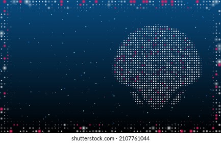 On the right is the sea shell symbol filled with white dots. Pointillism style. Abstract futuristic frame of dots and circles. Some dots is pink. Vector illustration on blue background with stars