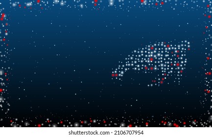 A la derecha está el símbolo de la tortuga marina, lleno de puntos blancos. Estilo de puntillismo. Resumen marco futurista de puntos y círculos. Algunos puntos son rojos. Ilustración vectorial sobre fondo azul con estrellas