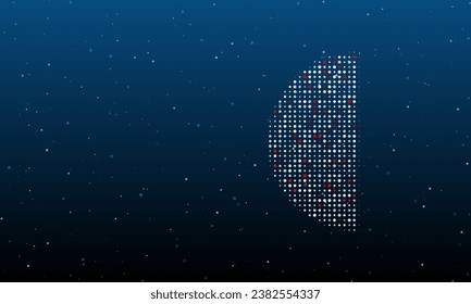 On the right is the semicircle symbol filled with white dots. Background pattern from dots and circles of different shades. Vector illustration on blue background with stars