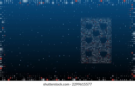 On the right is the seven of hearts playing symbol filled with white dots. Abstract futuristic frame of dots and circles. Vector illustration on blue background with stars