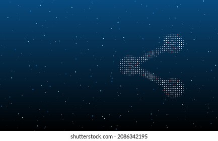 On the right is the share symbol filled with white dots. Background pattern from dots and circles of different shades. Vector illustration on blue background with stars