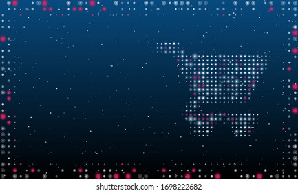 On the right is the shopping cart symbol filled with white dots. Abstract futuristic frame of white dots and circles. Some dots is pink. Vector illustration on blue background with stars