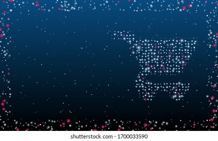 On the right is the shopping cart symbol filled with white dots. Abstract futuristic frame of white dots and circles. Some dots is pink. Vector illustration on blue background with stars