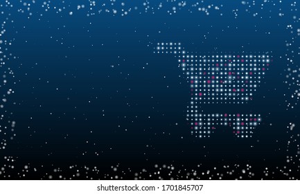 On the right is the shopping cart symbol filled with white dots. Abstract futuristic frame of white dots and circles. Some dots is pink. Vector illustration on blue background with stars