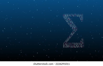 On the right is the sigma symbol filled with white dots. Background pattern from dots and circles of different shades. Vector illustration on blue background with stars