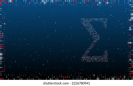 A la derecha está el símbolo sigma relleno de puntos blancos. Estilo de puntillismo. Resumen marco futurista de puntos y círculos. Algunos puntos son rojos. Ilustración vectorial sobre fondo azul con estrellas