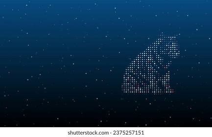 On the right is the sitting tiger symbol filled with white dots. Background pattern from dots and circles of different shades. Vector illustration on blue background with stars