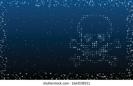 On the right - a skull symbol filled with white dots. Abstract futuristic frame of white dots and circles. Vector illustration on blue background with stars