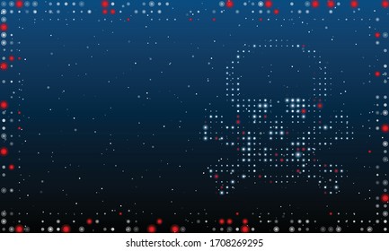 On the right - a skull symbol filled with white dots. Abstract futuristic frame of white dots and circles. Some dots is red. Vector illustration on blue background with stars