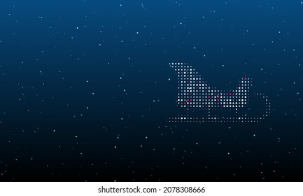 On the right is the sleigh symbol filled with white dots. Background pattern from dots and circles of different shades. Vector illustration on blue background with stars