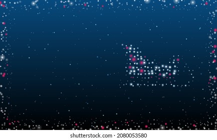 On the right is the sleigh symbol filled with white dots. Pointillism style. Abstract futuristic frame of dots and circles. Some dots is pink. Vector illustration on blue background with stars