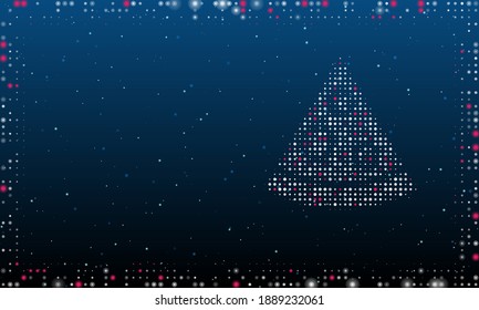 On the right is the slice of pizza symbol filled with white dots. Pointillism style. Abstract futuristic frame of dots and circles. Some dots is pink. Vector illustration on blue background with stars