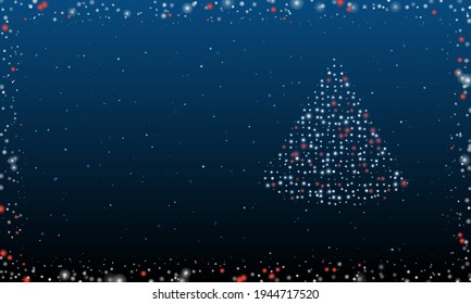 A la derecha está la porción de símbolo de pizza llena de puntos blancos. Estilo de puntillismo. Resumen marco futurista de puntos y círculos. Algunos puntos son rojos. Ilustración vectorial sobre fondo azul con estrellas