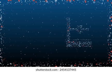 On the right is the small 3D printer symbol filled with white dots. Abstract futuristic frame of dots and circles. Vector illustration on blue background with stars