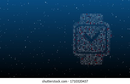 On the right is the smart watch symbol filled with white dots. Background pattern from white dots and circles of different shades. Some dots is red. Vector illustration on blue background with stars