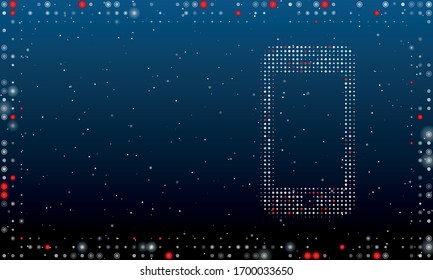 On the right is the smartphone symbol filled with white dots. Abstract futuristic frame of white dots and circles. Some dots is red. Vector illustration on blue background with stars