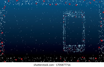 On the right is the smartphone symbol filled with white dots. Abstract futuristic frame of white dots and circles. Some dots is red. Vector illustration on blue background with stars