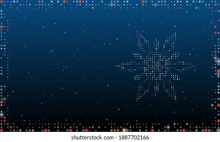 On the right is the snowflake symbol filled with white dots. Pointillism style. Abstract futuristic frame of dots and circles. Some dots is red. Vector illustration on blue background with stars
