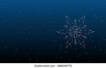 On the right is the snowflake symbol filled with white dots. Background pattern from dots and circles of different shades. Vector illustration on blue background with stars