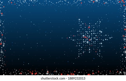 On the right is the snowflake symbol filled with white dots. Pointillism style. Abstract futuristic frame of dots and circles. Some dots is red. Vector illustration on blue background with stars
