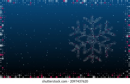 Auf der rechten Seite befindet sich das mit weißen Punkten gefüllte Schneeflockensymbol. Pointillismus-Stil. Abstrakter futuristischer Rahmen von Punkten und Kreisen. Einige Punkte sind rosa. Vektorgrafik auf blauem Hintergrund mit Sternen