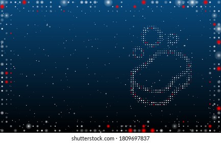 On the right is the soap symbol filled with white dots. Abstract futuristic frame of dots and circles. Some dots is red. Vector illustration on blue background with stars