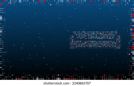 On the right is the sofa symbol filled with white dots. Pointillism style. Abstract futuristic frame of dots and circles. Some dots is red. Vector illustration on blue background with stars