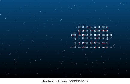 On the right is the sofa symbol filled with white dots. Background pattern from dots and circles of different shades. Vector illustration on blue background with stars