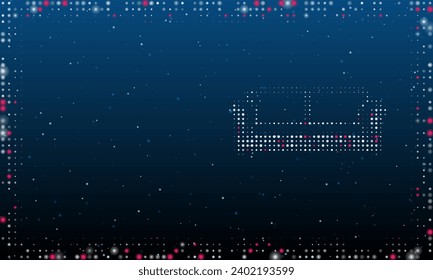 A la derecha está el símbolo del sofá lleno de puntos blancos. Estilo de puntillismo. Resumen marco futurista de puntos y círculos. Algunos puntos son rosas. Ilustración vectorial sobre fondo azul con estrellas