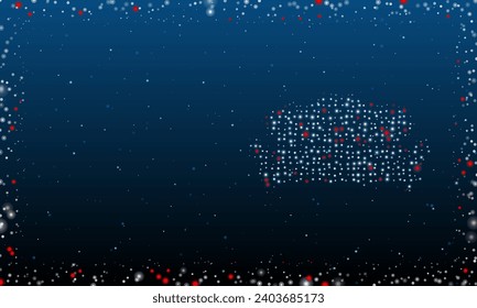 A la derecha está el símbolo del sofá lleno de puntos blancos. Estilo de puntillismo. Resumen marco futurista de puntos y círculos. Algunos puntos son rojos. Ilustración vectorial sobre fondo azul con estrellas