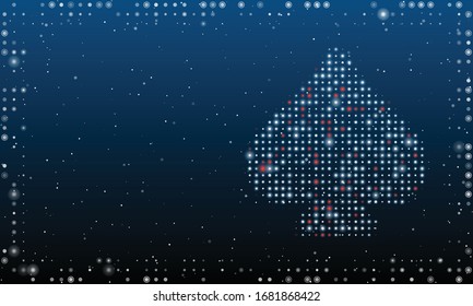 On the right is the spade symbol filled with white dots. Abstract futuristic frame of white dots and circles. Some dots is red. Vector illustration on blue background with stars