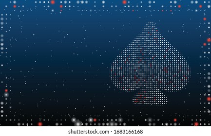 Auf der rechten Seite befindet sich das mit weißen Punkten gefüllte Doppel-Symbol. Abstrakter futuristischer Rahmen aus weißen Punkten und Kreisen. Einige Punkte sind rot. Vektorillustration auf blauem Hintergrund mit Sternen