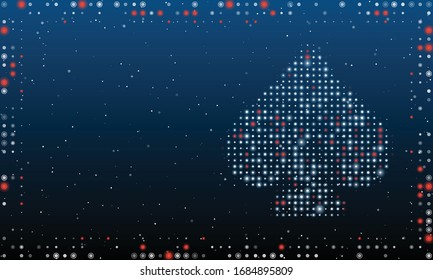 On the right is the spade symbol filled with white dots. Abstract futuristic frame of white dots and circles. Some dots is red. Vector illustration on blue background with stars