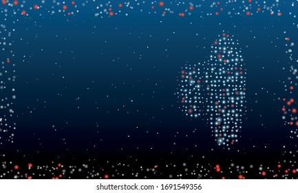 On the right is the speaker symbol filled with white dots. Abstract futuristic frame of white dots and circles. Some dots is red. Vector illustration on blue background with stars