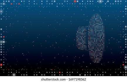 A la derecha está el símbolo del altavoz lleno de puntos blancos. Dibujo futurista abstracto de puntos y círculos blancos. Algunos puntos son rojos. Ilustración vectorial sobre fondo azul con estrellas