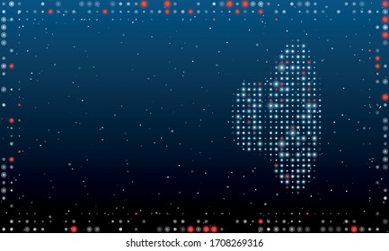On the right is the speaker symbol filled with white dots. Abstract futuristic frame of white dots and circles. Some dots is red. Vector illustration on blue background with stars